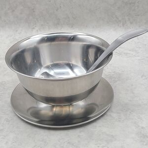 Vintage Dolphin Stainless Steel 18/8 Gravy Bowl Attached Saucer W/ Ladle Spoon